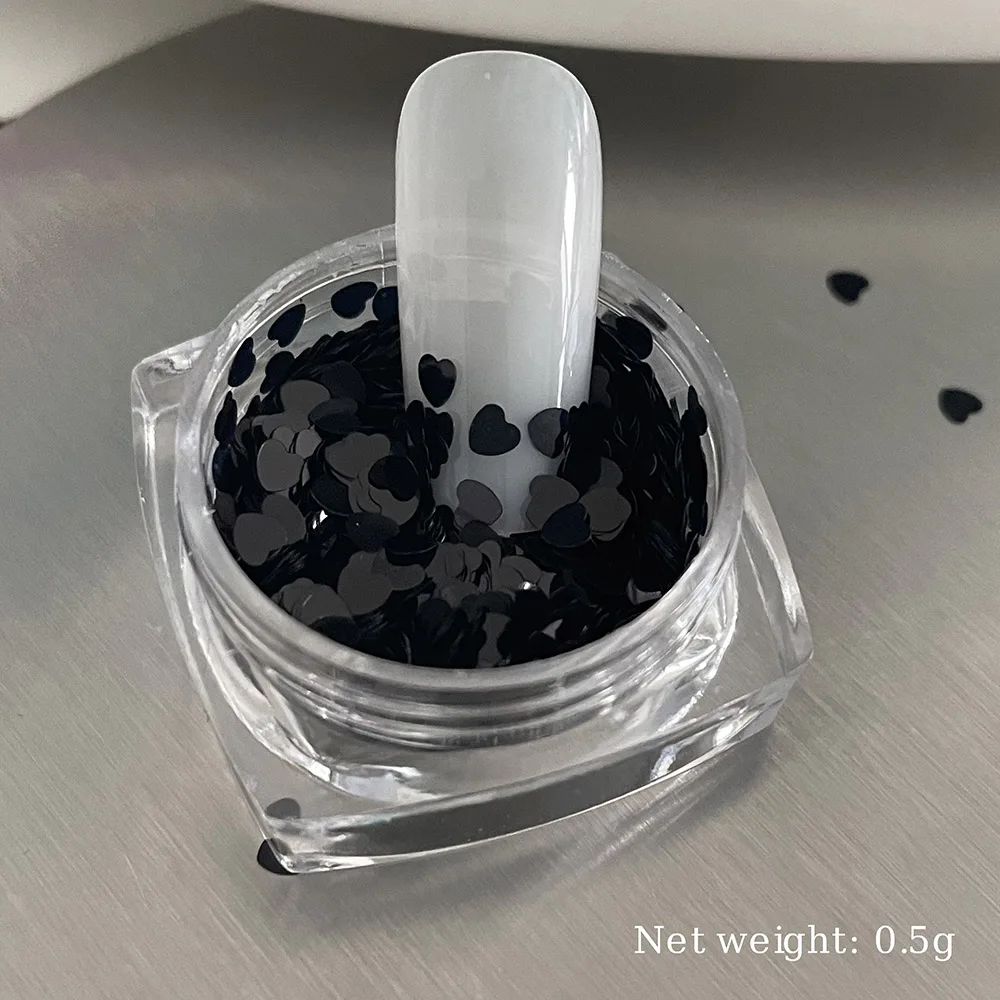 2mm Mini corazón punteado brillo copos de uñas corazón lentejuelas acabado Nailtip decoración brillo 0,5g plata negro Nail Art Flake 404