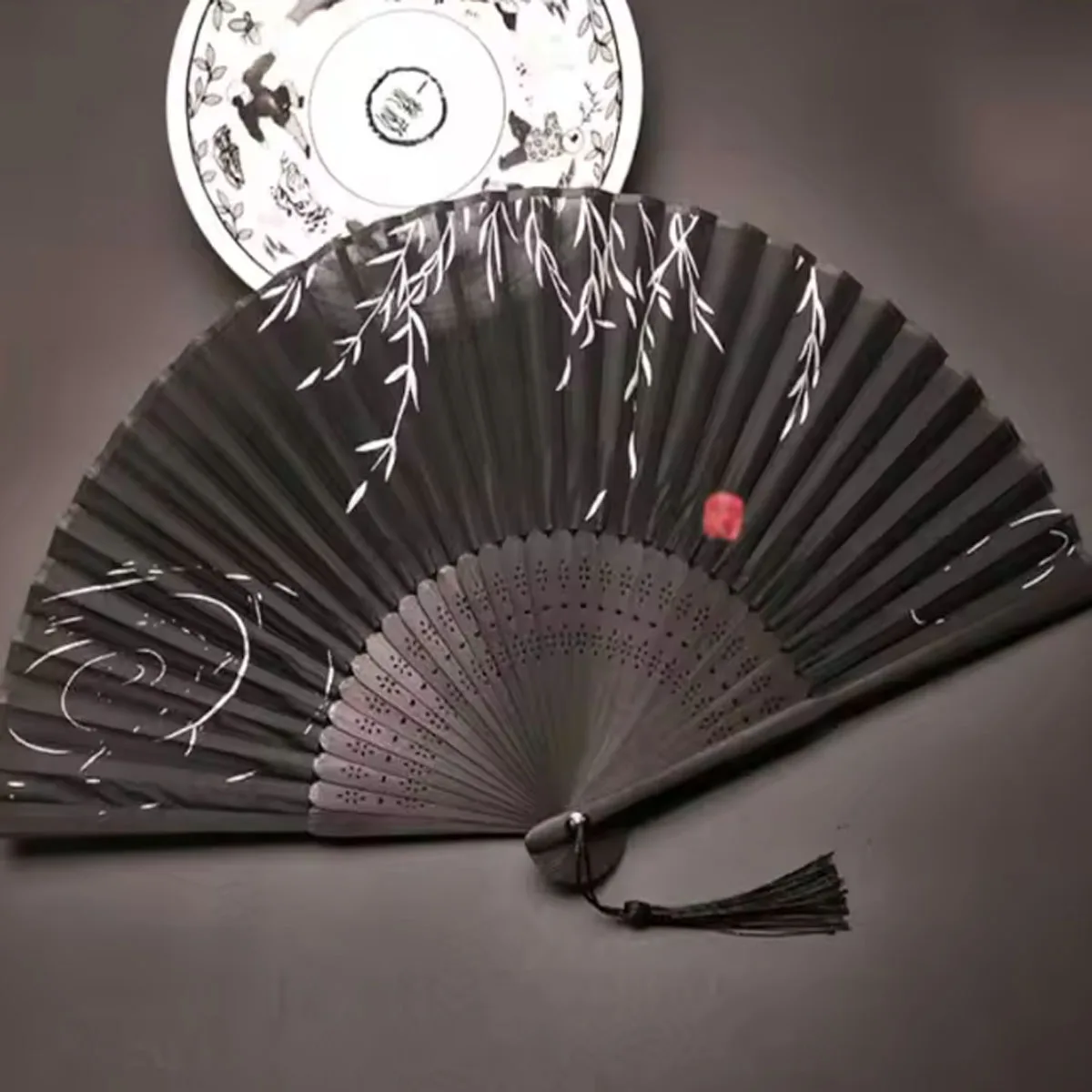 

1pc-Chinese Style Black Vintage Hand Fan Folding Fan Chinese Dance Party Folding Fan