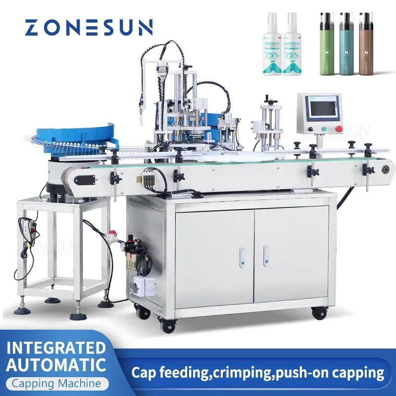 

ZONESUN Capping Machine Automatic Spray Head & Bottle Cap Pressing Perfume Round Bottle Packaging with 2 Vibratory Bowl ZS-AFC8