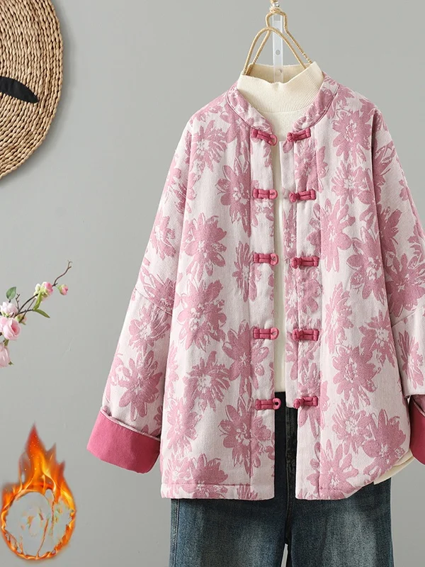 

New Winter Thiened Cotton Jaet with Button Embroidery Stand Collar Chinese National Sle Commuter Lady Straight Tube pe