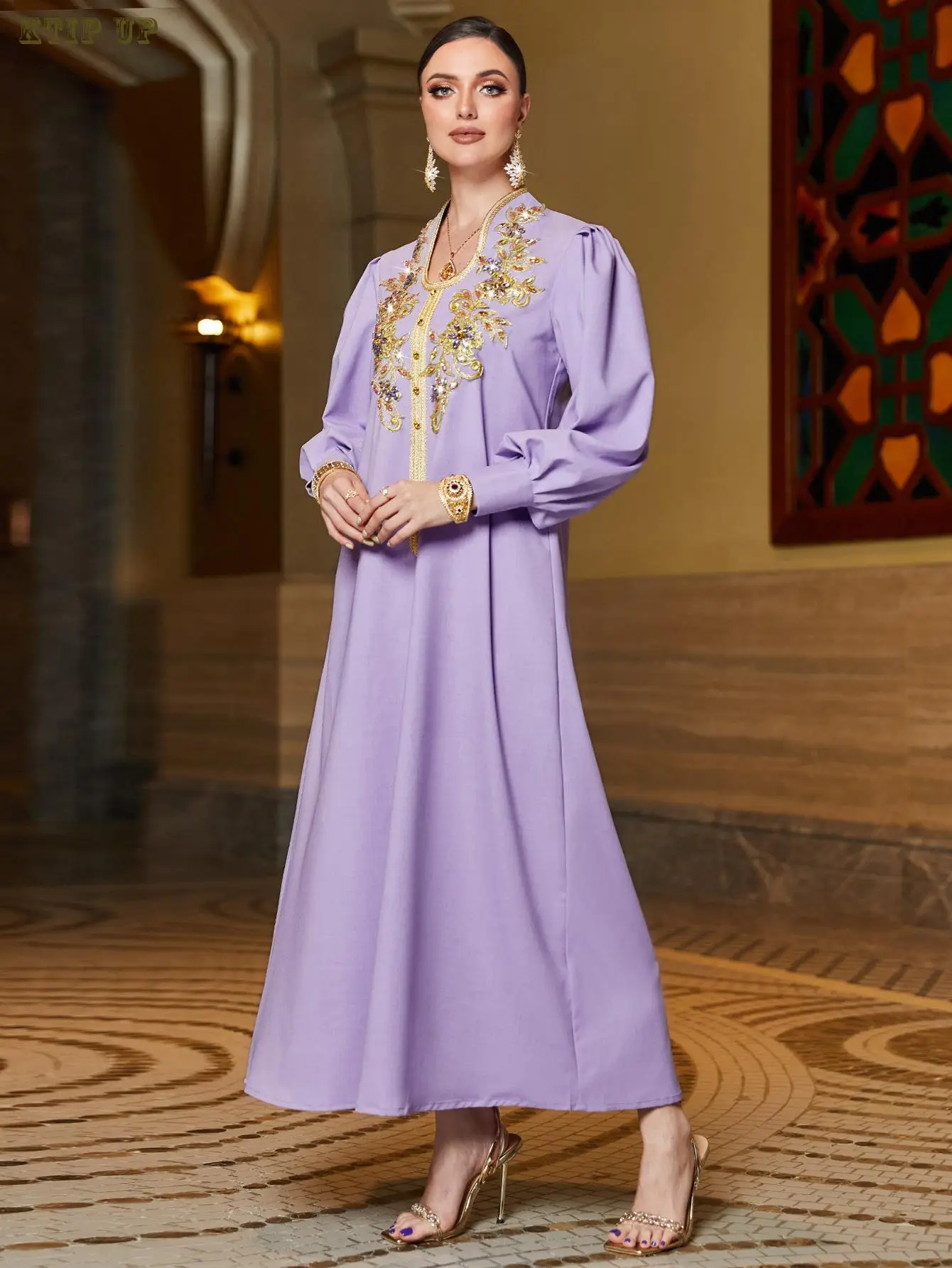 Purple Lace Applique Handsewn Diamond Islamic Dress, Middle East Dubai Robe, Women's Wear Maxi Dresses, Saudi Arabia, New