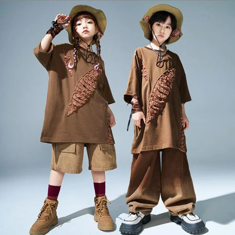 Hip Hop Girls Boys T-shirt Street Dance Loose Cago Pants Shorts Child Solid Showing Clothes Sets Kids Stagewear Jazz Costume