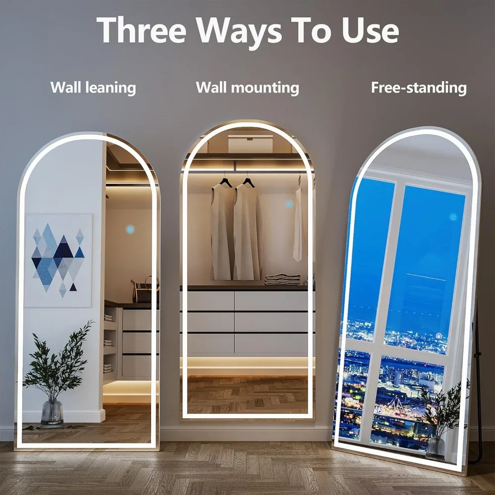 Espelho de piso arqueado de comprimento total iluminado por LED, 65x24 com brilho ajustável e 3 modos de cor, espelho de corpo magro em pé