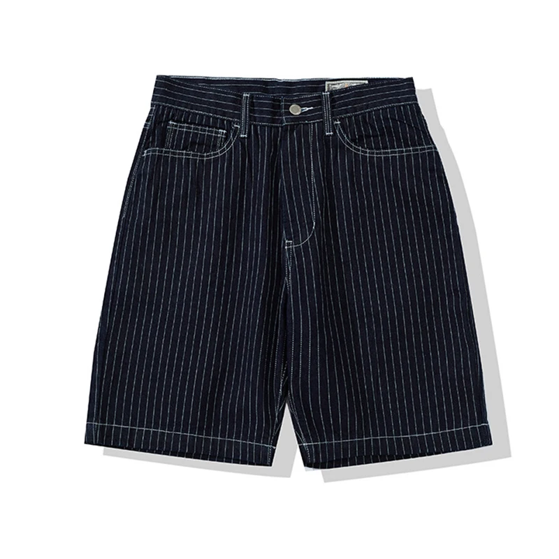 Amekaji pantaloncini di jeans Vintage da uomo pantaloncini Cargo a righe bianche nere 2024 estate nuovi pantaloni corti Casual con cerniera Multi