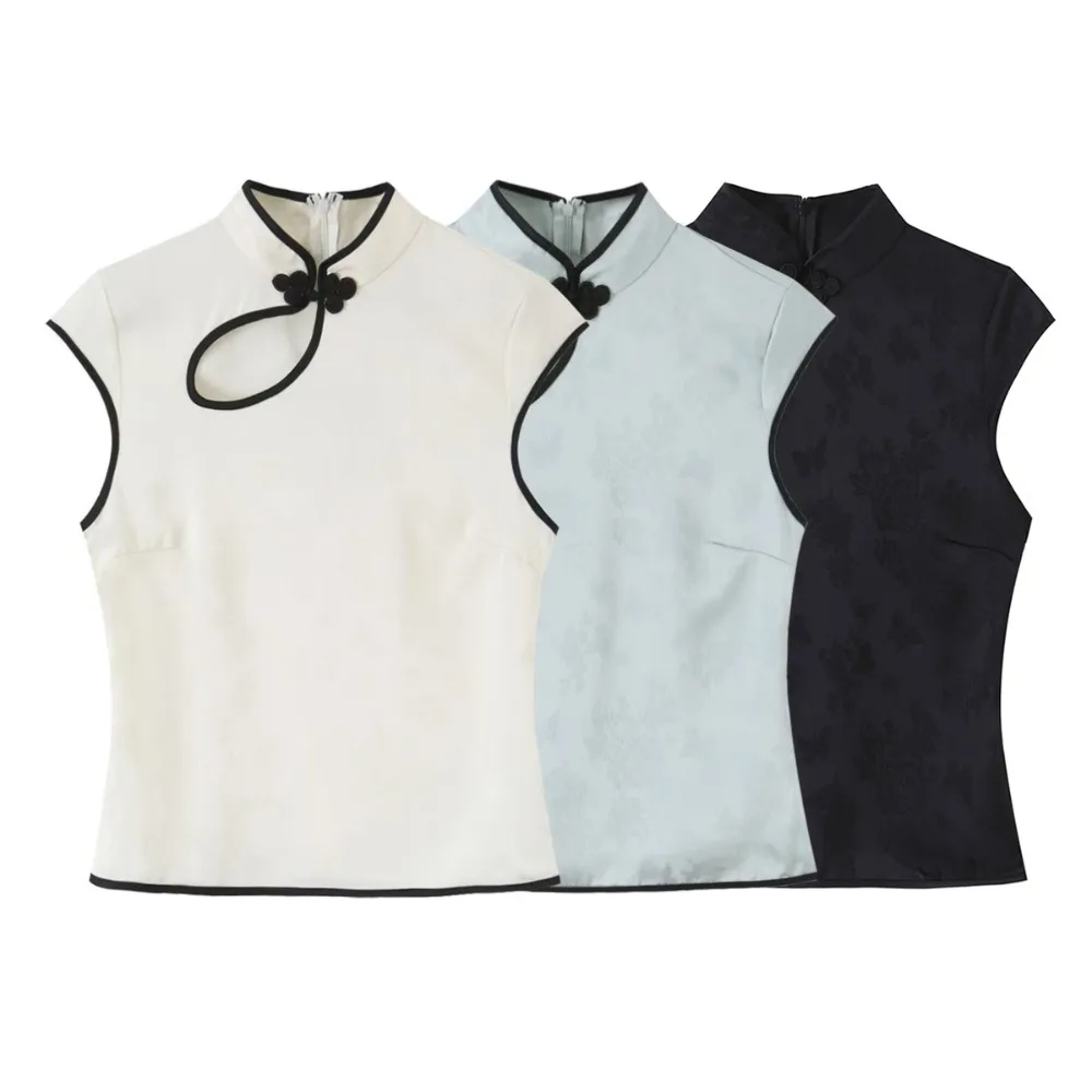 Elegant Chic Satin Toggle Piping Tops for Women New in Summer High Neck and Very Short Sleeves Tops with Slit and Toggle Closure