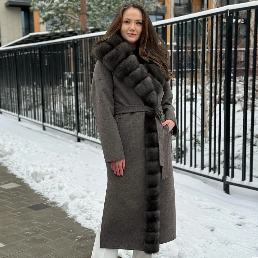 Ladies Clothing Real Wool Coat With Fox Fur Lapel Collar Winter 2024 New Cashmere Coat Long fur jacket