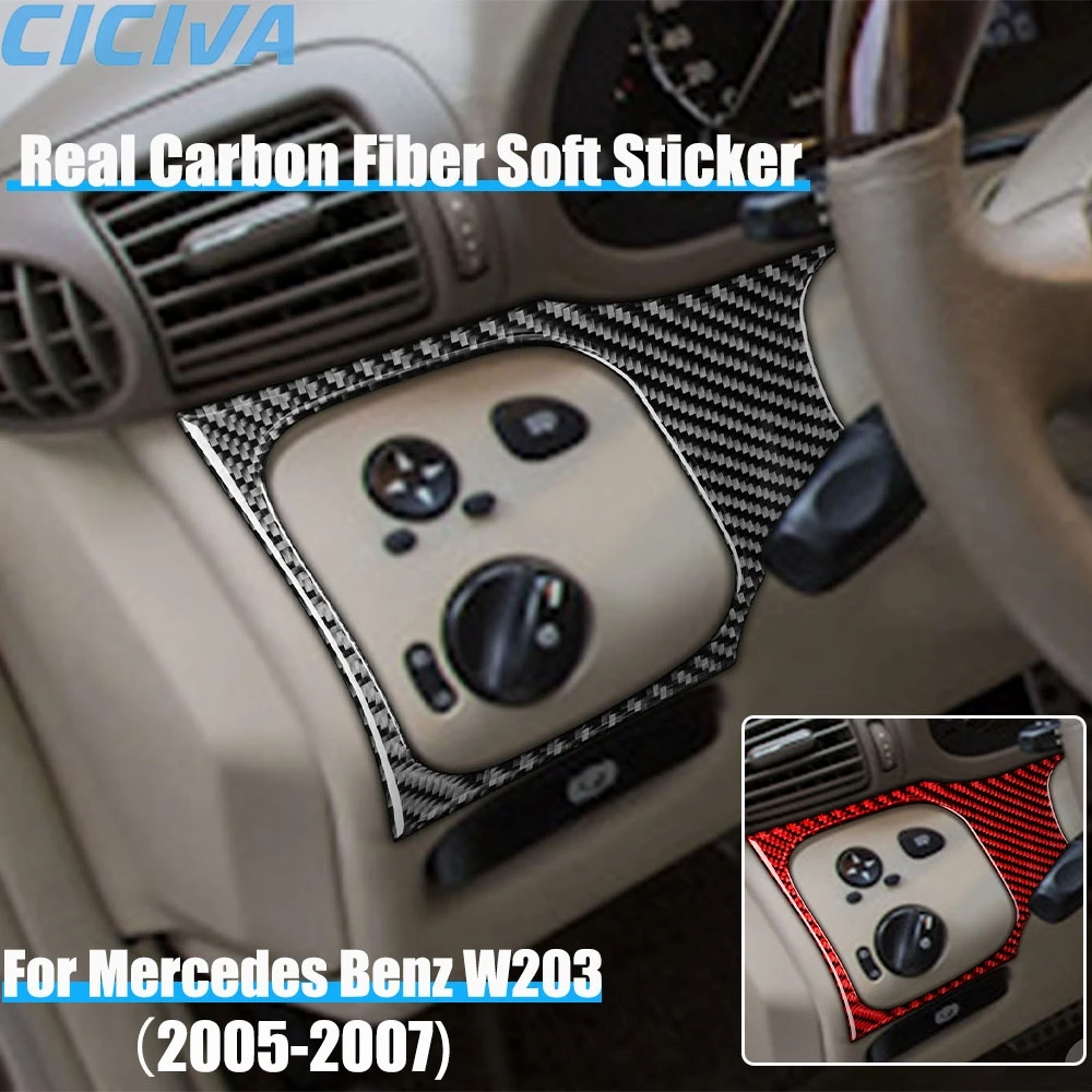 Real Carbon Fiber Car Accessories Headlight Switch Surround Cover Soft Sticker For Mercedes Benz C Class W203 2005 2006 2007