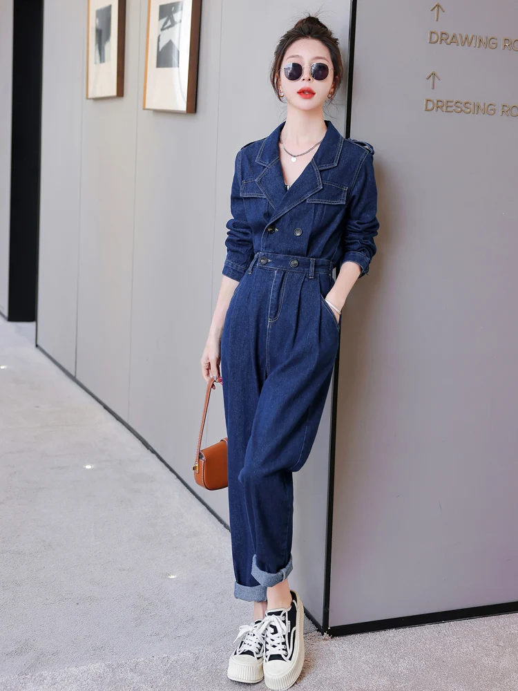 Eleganckie damskie ogrodniczki jeansowe z kołnierzykiem, wiosenno-jesienne, nowe, małe rozmiary, wysoka jakość, jednoczęściowe spodnie do pracy.