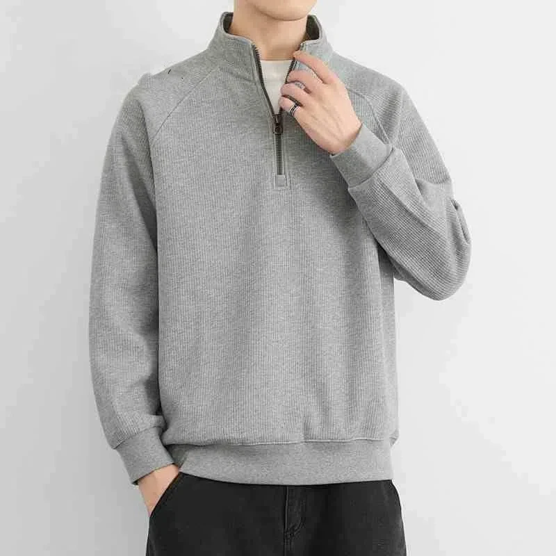 Chic All-match Korean Pullover Stand Plus Fleece Men Autumn Winter Half Zipper Solid Color Loose Anti-Wrinkle Long Sleeve Hoodie