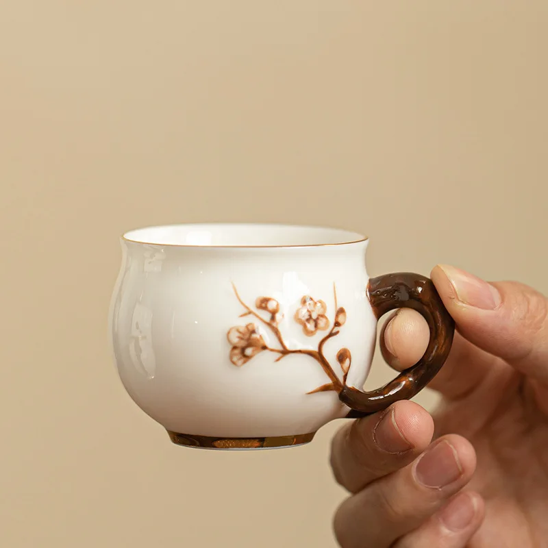 

Handmade Ceramic Tea Cup with Floral Carving Jade Glaze Kung Fu Tea Set Coffee Mug