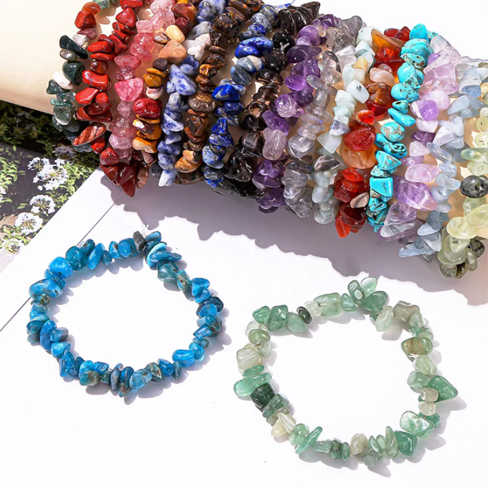 Natural Crystal Chip Bracelet Irregular Chakra Healing Gemstone Stretch Bracelets Reiki Yoga Relieve Anxiety Women Girls Jewelry