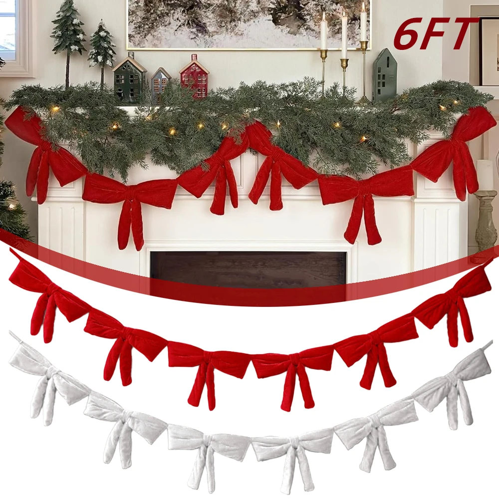 

6FT Red Velvet Bow Christmas Decorations for Mantel Fireplace Door Window Frame Cabinet Stand Bedroom Living Room Home Entryway