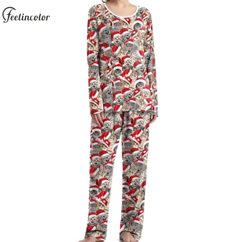 

Cat Wear Santa Hat Christmas Graphic Pajamas Sets Pajama Party Couple Sleepwear Autumn Family Matching Suit Women New Year Gifts