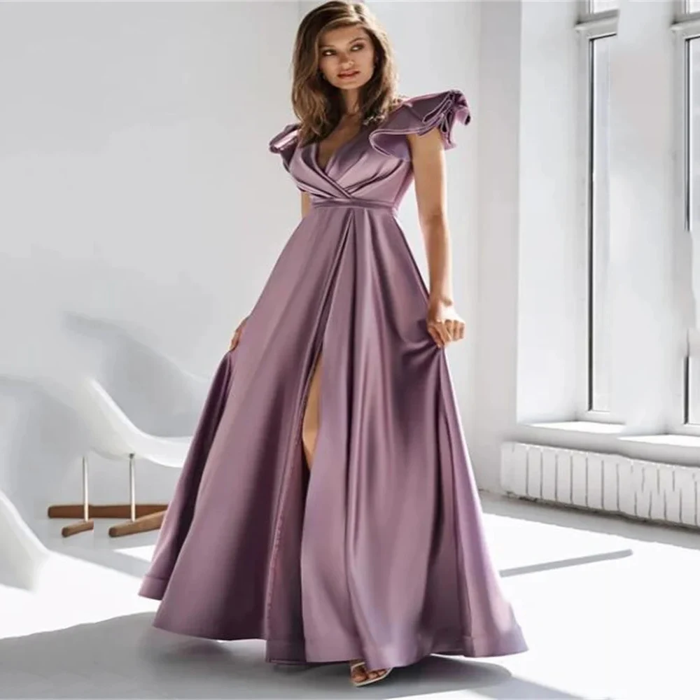 

Jiayigong Fashion V-neck Sexy Prom Dresses A-Line Satin Floor-length Party Gowns Ruched Sexy Fornt middle-Split Evening gowns