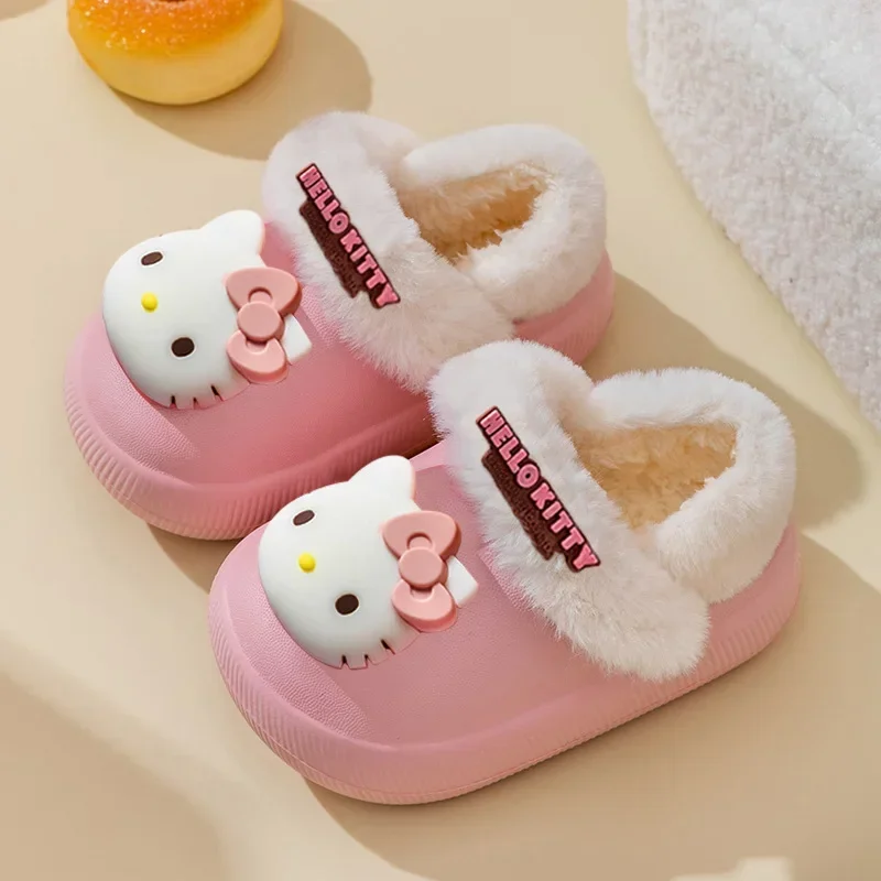 

Boys Girls Winter Cute Cartoon Home Wool Cotton Shoes Sanrio Children Cotton Slippers Hello Kitty Removable Cotton Liner
