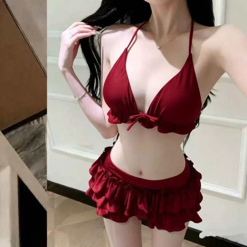Women's 3 Piece Swimsuit Set Sexy Floral Bikini Lace Trim Ruffle Skirt High Waist Bathing Suit For Small Chest Beach Vacation