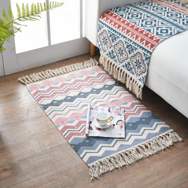 1PC New Geometric Pattern Floor Mat Vintage Handmade Tassel Carpet for Bedroom Home Hotel Decoration