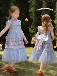 2024 Vintage Baby Girl Dress Palace Style Princess Dresses Floral Embroidery Newborn Vestidos  Sleeveless O-Neck Girls Clothing