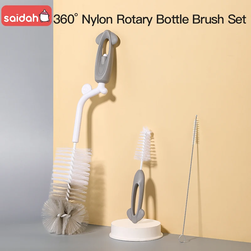 3 in 1 Set SAIDAH 360° Nylon Rotating Feeding Milk Bottle Brush Set