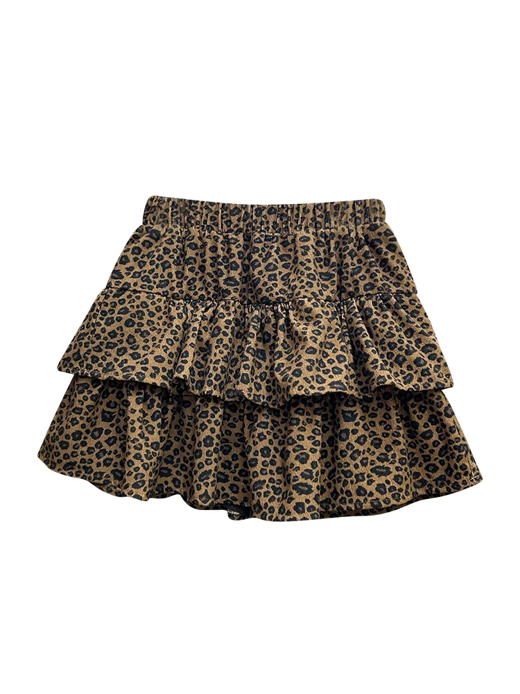 American Style Fashionable Ruffle Hem Leopard Print Cake Skirt Elastic High Waist Multi Layered Women's Half Body Skirt 5