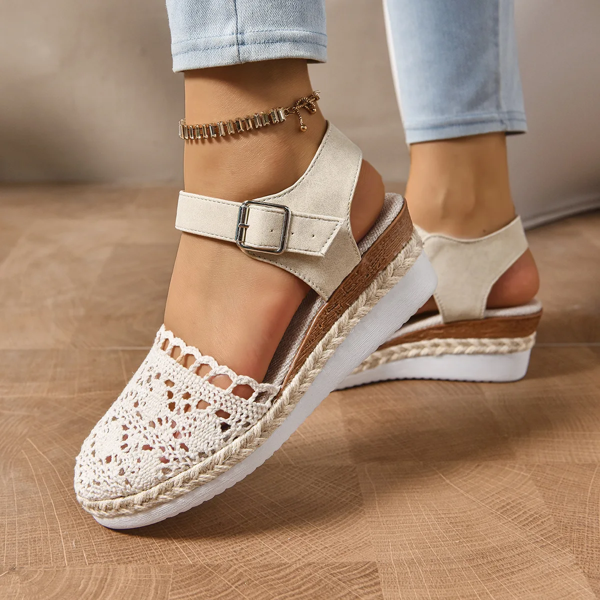 

Женские эспадрильи на танкетке, туфли на платформе с закрытым носком, плетеные сандалии с ремешком на щиколотке, на высоком каблуке