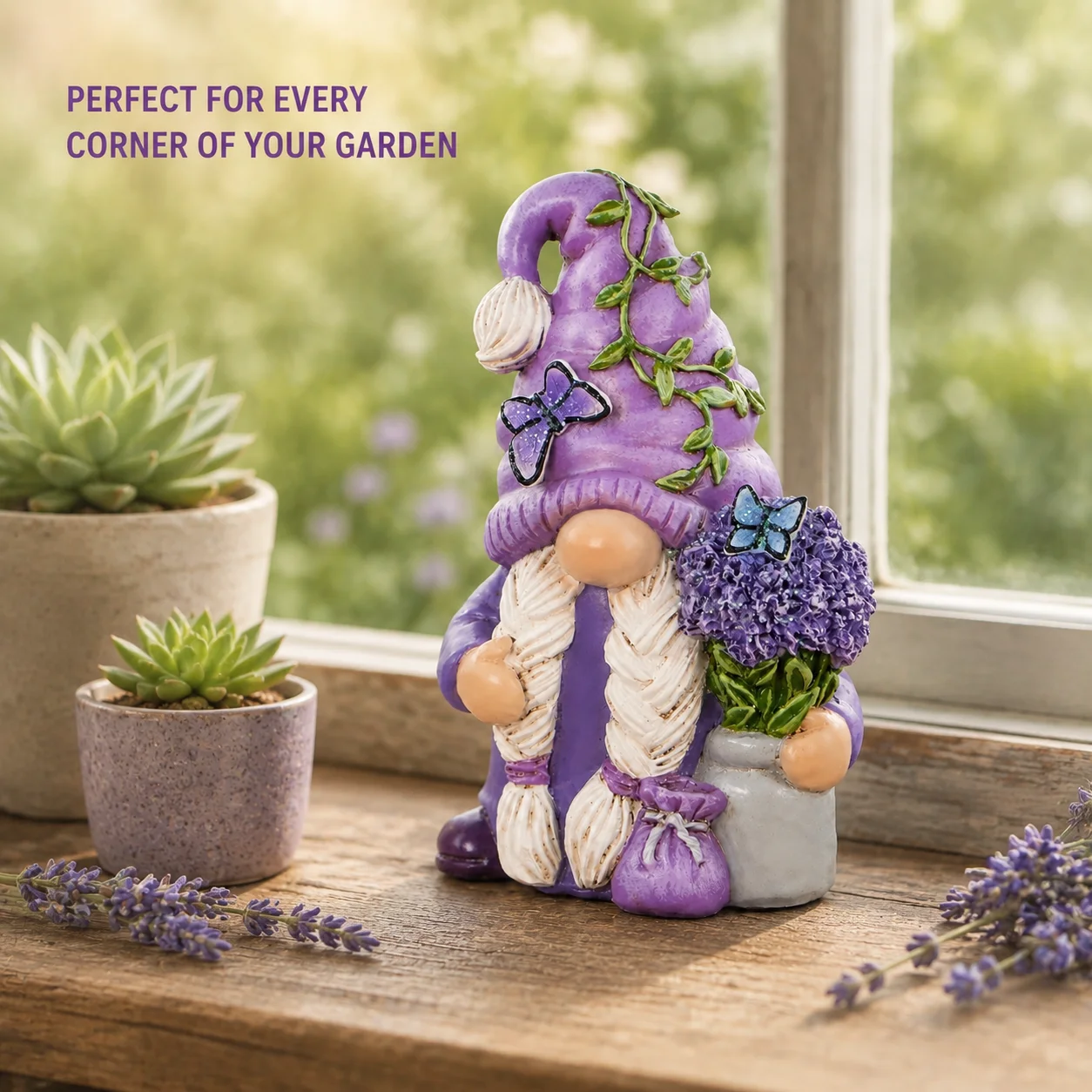 Hodao Lavender Dream Hydrangea Gnome Collectible Figurine, Resin Swedish Tomte Elf Dwarf with Braided White Hair, Butterfly Accents, Vine Hat and Potted Flowers, Spring Summer Garden Tabletop Decor for Shelf Mantel Desk Indoor Home Display and Floral Gift