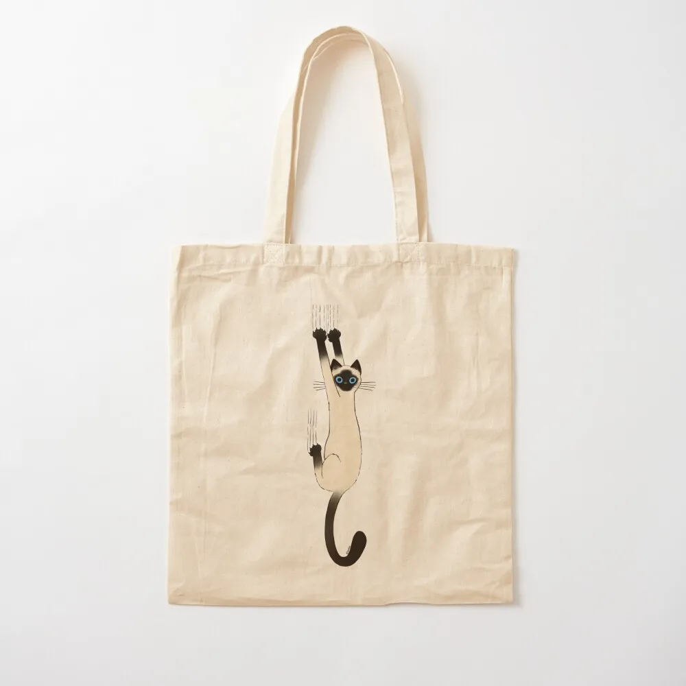 Siamese Cat Hanging On with Claws Funny Cat Holding On Tote Bag