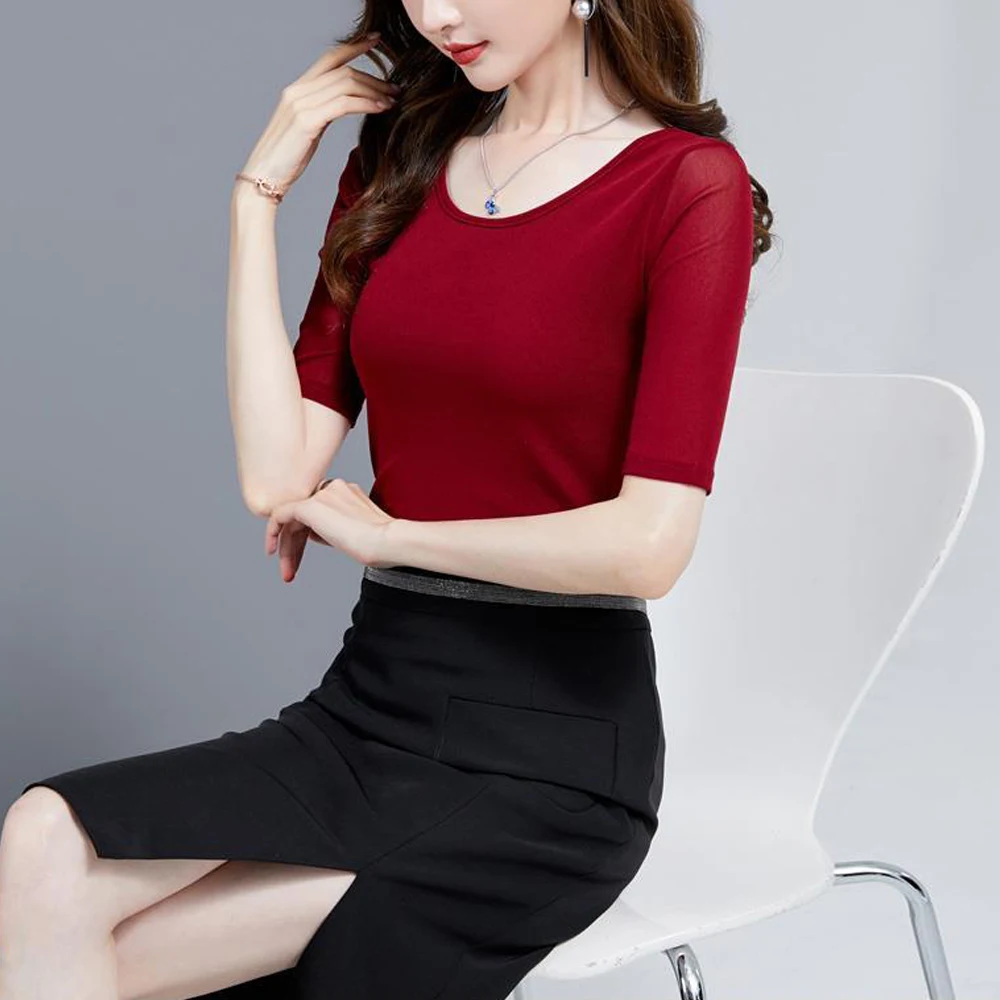 

New Green Red Black White T Shirt Mesh Short Sleeve O-neck T-shirt Female Top Lace Shirt S-3XL Women's Perspective Sexy Tees