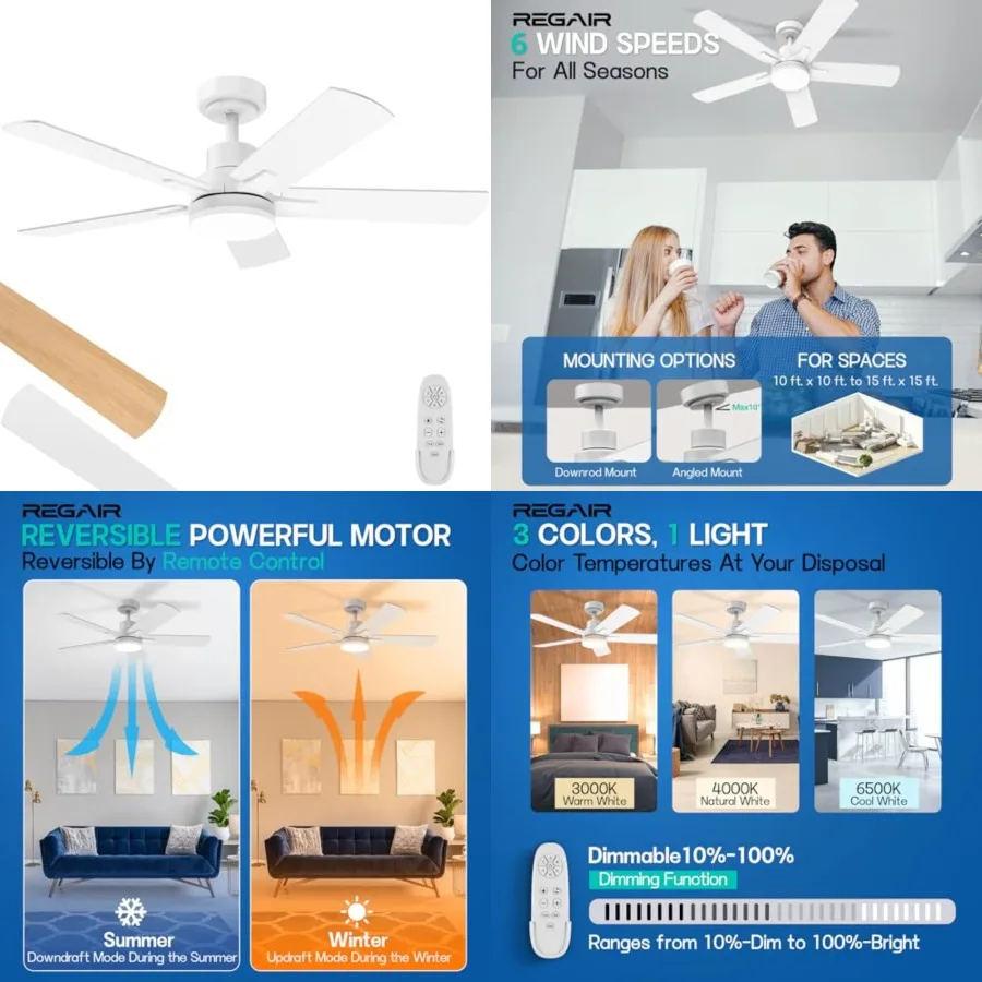 

Ceiling Fan with Light, Remote Control Reversible DC Motors, 3CCT Dimmable Timer Noiseless, White Ceilg Fan for Bedroom Livg Ro