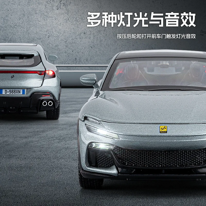 Symulacja 1:32 modelu samochodu sportowego ze stopu FVU z dźwiękiem i światłem, ozdoba kolekcjonerska z wieloma drzwiami