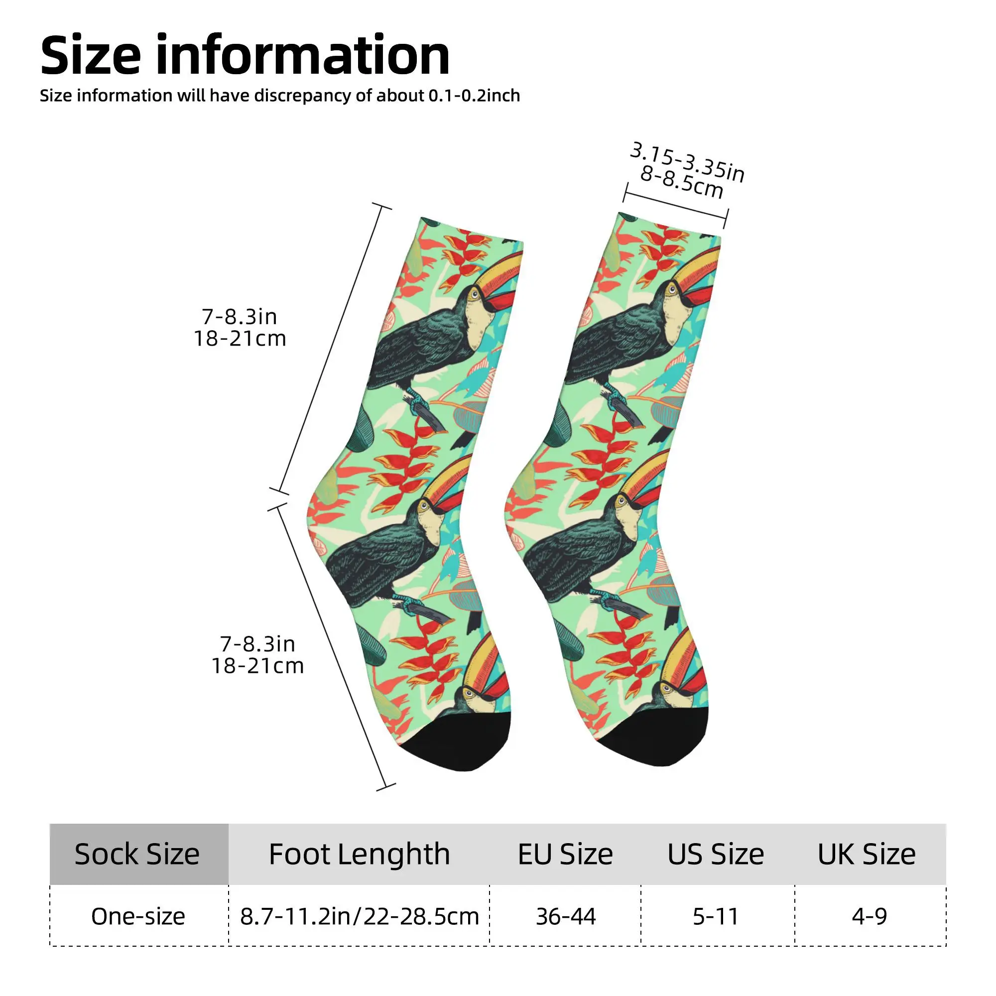 1pc Birds Toucans on Tropical Leaves  Printed Men's Socks Novelty Hip Hop Harajuku Pattern Crew Sock Casual Gift