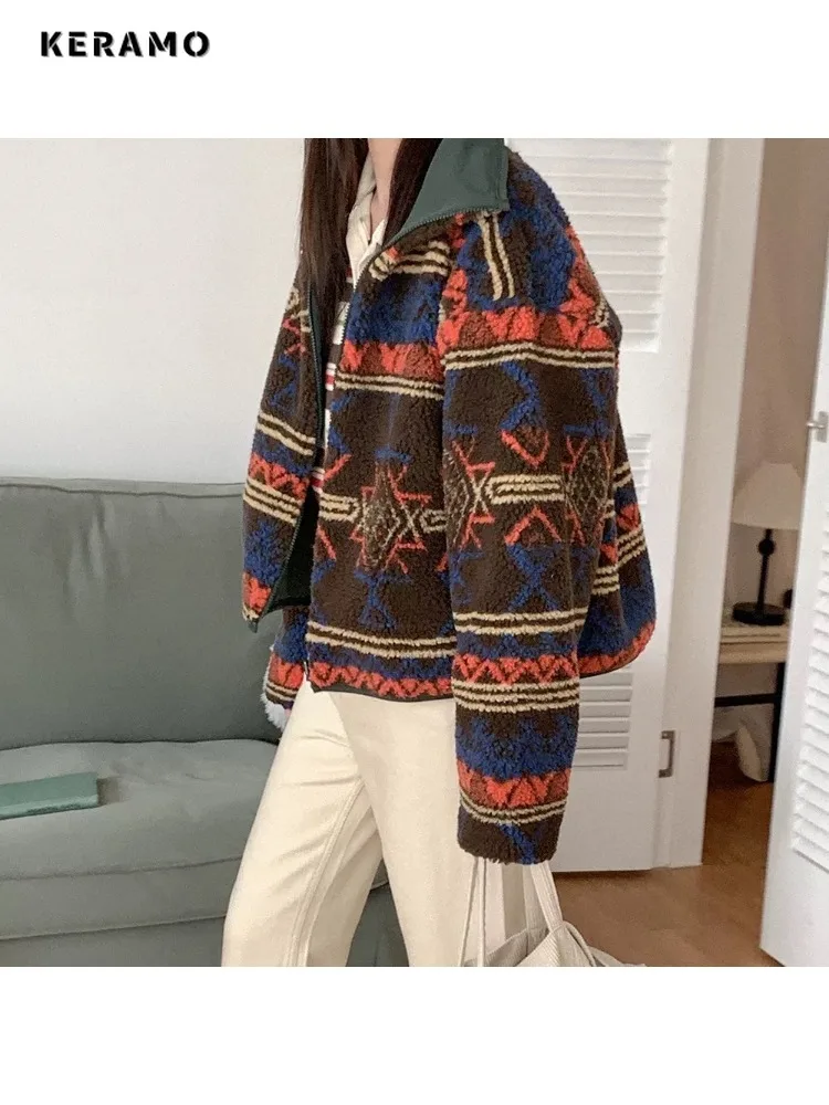 

2025 Winter American Retro Style Parkas Warm Thick Zipper Geometric Print Jacket For Women Casual Outerwear Vintage Fashion Coat