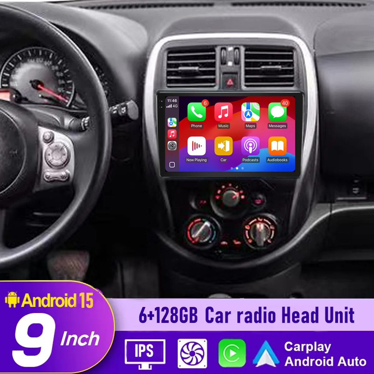 

9“ 6-128GB (8CORE) CarPlay Android auto Radio For Nissan Micra March Versa Note Livina Almera Latio Sunny Juke Versa 2014-2018