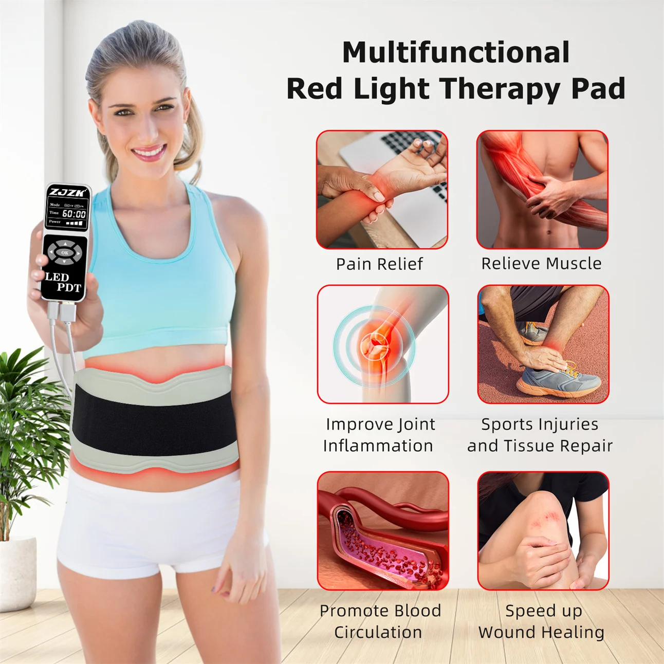 ZJZK 660nm 850nm 940nm 450pcs Chips Fat Burning And Toning Infrared Red Light Therapy Belt Knee Wrap LED Light Therapy Pad Human