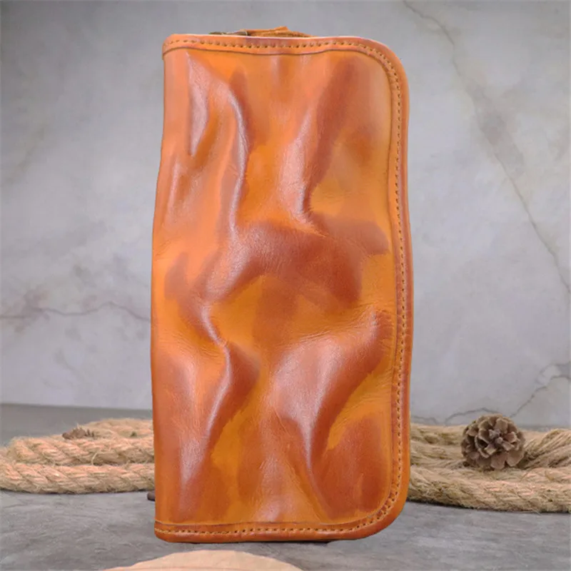 Vintage first layer cowhide men\'s women\'s wallet simple handmade soft genuine leather ladies long phone zippers card holder bags