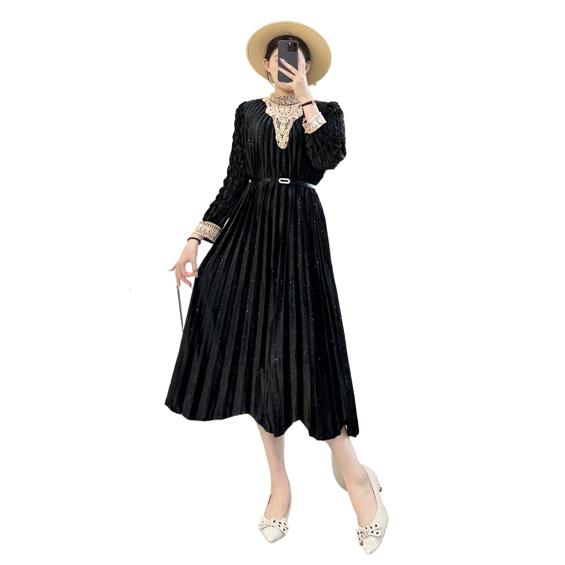 

Miyake Pleated Velvet Dress for Women 2025 New Solid Color Embroidered Stand Collar Long Sleeve Large Size Elegant Pleated Skirt