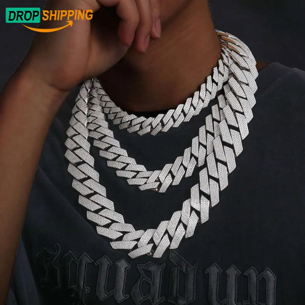 Dropshipping High Quality 16mm 20mm 27mm 925 Sterling Silver Hand Set Vvs Moissanite Diamond Iced Out Cuban Link Chain Necklace