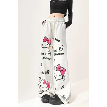 Sanrio יפנית שלום קיטי גרפיטי גרפיטי מכנסיים רגליים רחב חמוד מכנסיים נשים Y2k מכנסיים השרוול נשים 2024 קיץ קוריאני אופנה