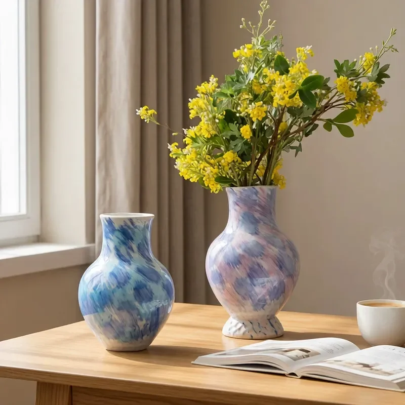 Jingdezhen Hand Painted Ceramic Vase Blue Purple Gradient New Chinese Retro Style Living Room Decor Flower Arrangement