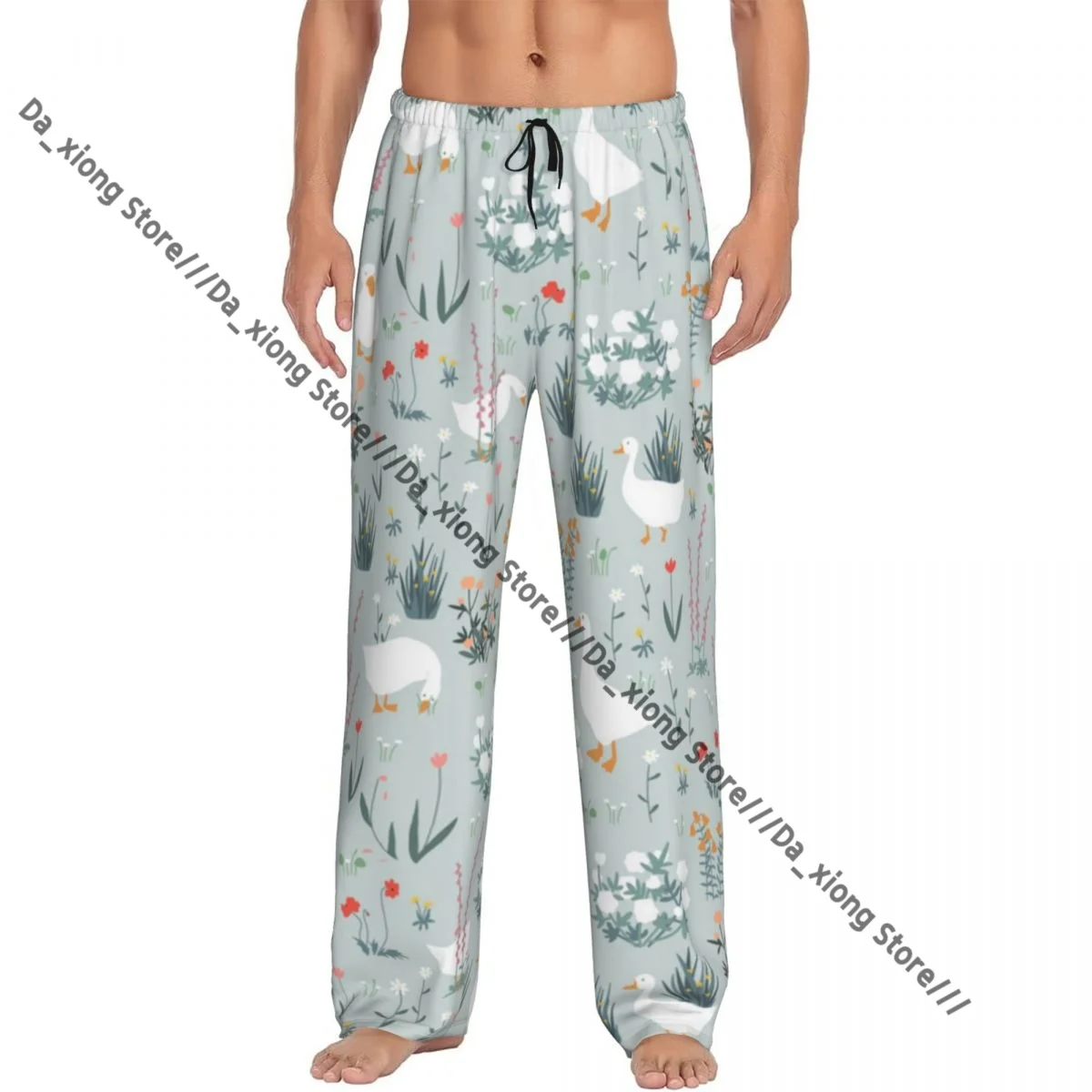 

Men Sleep Bottoms Male Lounge Trousers Men's Cute Goose And Flowers Geese In The Grass Illustration-on Pajama Pants