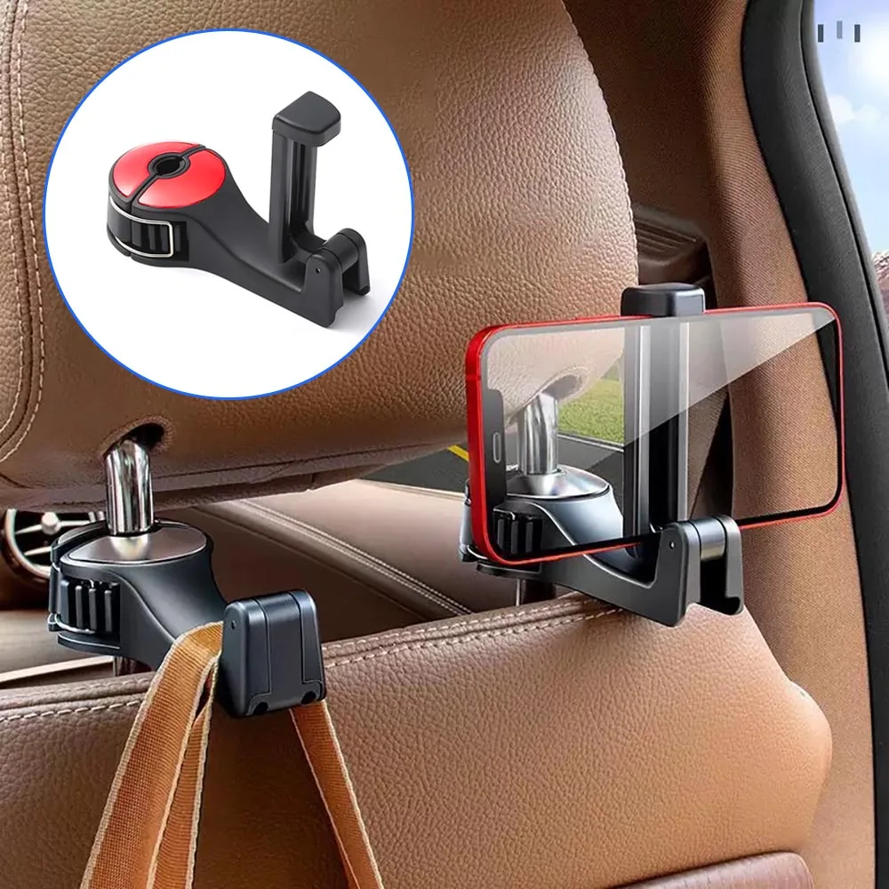 Gancho montado em carro multifuncional, gancho traseiro para assento de carro com design de bloqueio, rotação de 360 graus, suporte para telefone, has