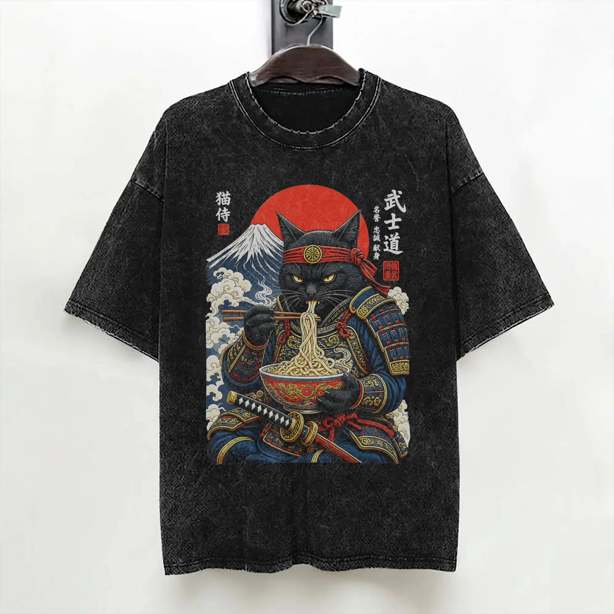 Washed T Shirt Black Cat Samurai Eats Ramen Funny Feline Warrior Hip Hop Vintage T-Shirt Harajuku Streetwear Tops Tops Tees Men