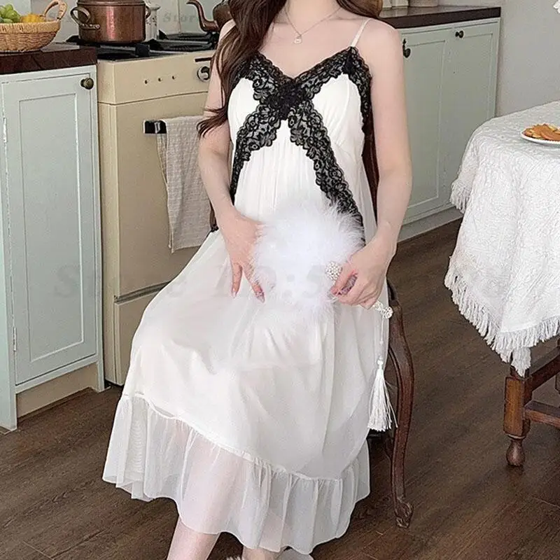 

Sexy Suspender Mesh Nightgown Women Intimate Lingerie Home Dress Gown Summer New Lace Spaghetti Strap Nightdress Long Sleepwear