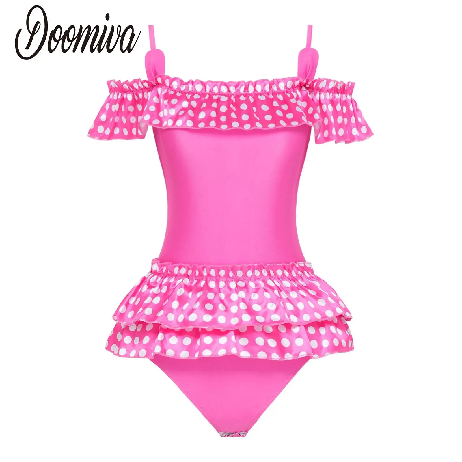 

Women Off The Shoulder One Piece Bodysuits for Pool Party Beachwear Polka Dot Print Buttoned Crotch Tutu Leotards Jumpsuits Yoga