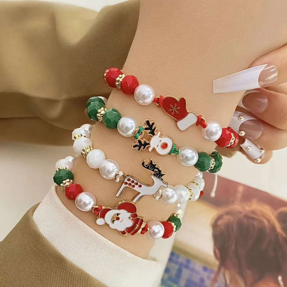 4‑piece set Reindeer Christmas Charm Bracelet Santa Claus Christmas Styled Soft Ceramic Bracelets Imitation Pearl Bracelet Women