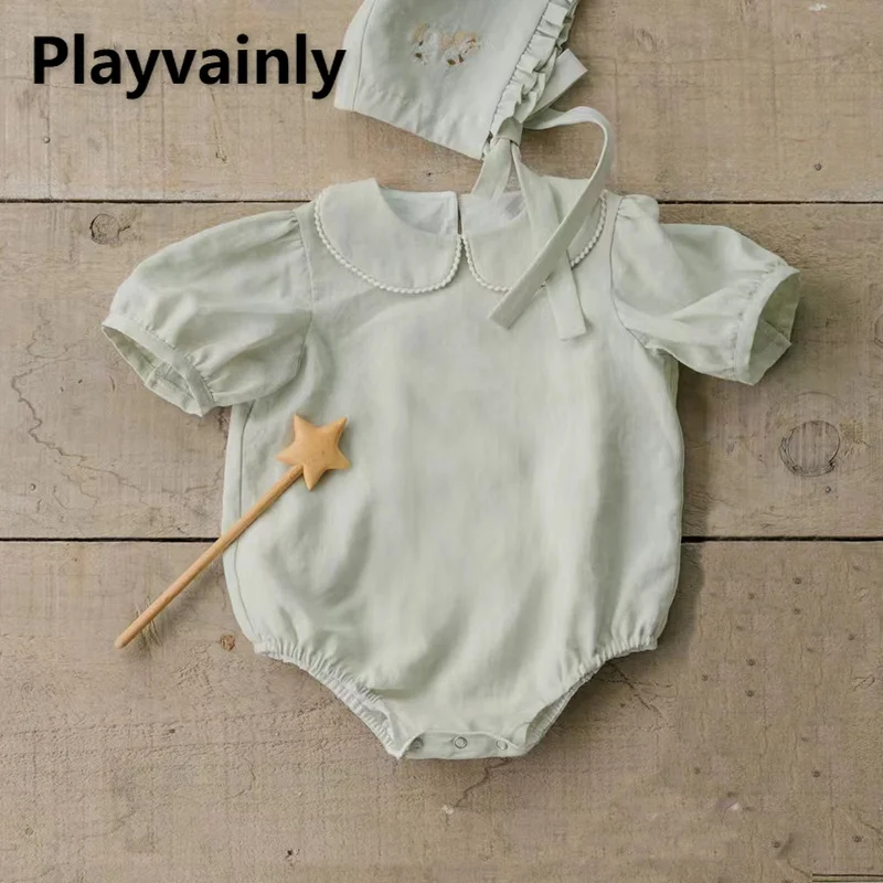 Summer Baby Girl Peter Pan Collar Bodysuit Mint Green Puff Short Sleeve Jumpsuit+Lace Up Hat+Bibs Infant Crawling Clothes E3303