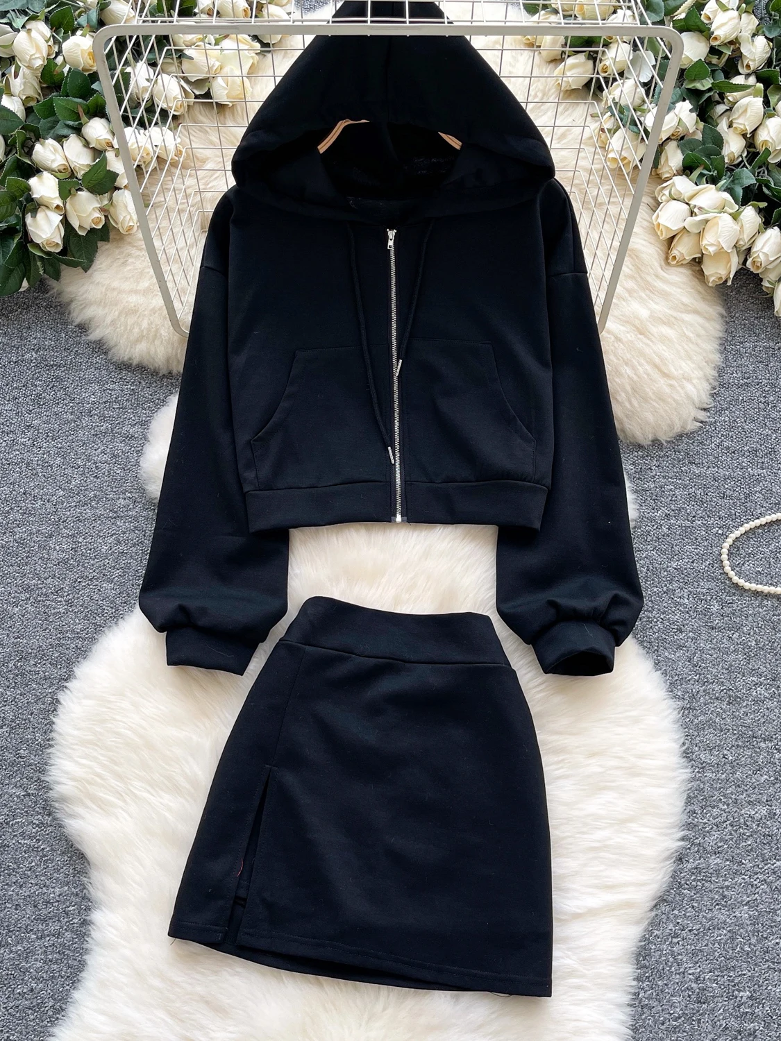 Conjunto de Dos Piezas para Mujer, Suda Informal con Cremallera y Falda Corta de Cintura Alta con Abertura, Estilo Versát...