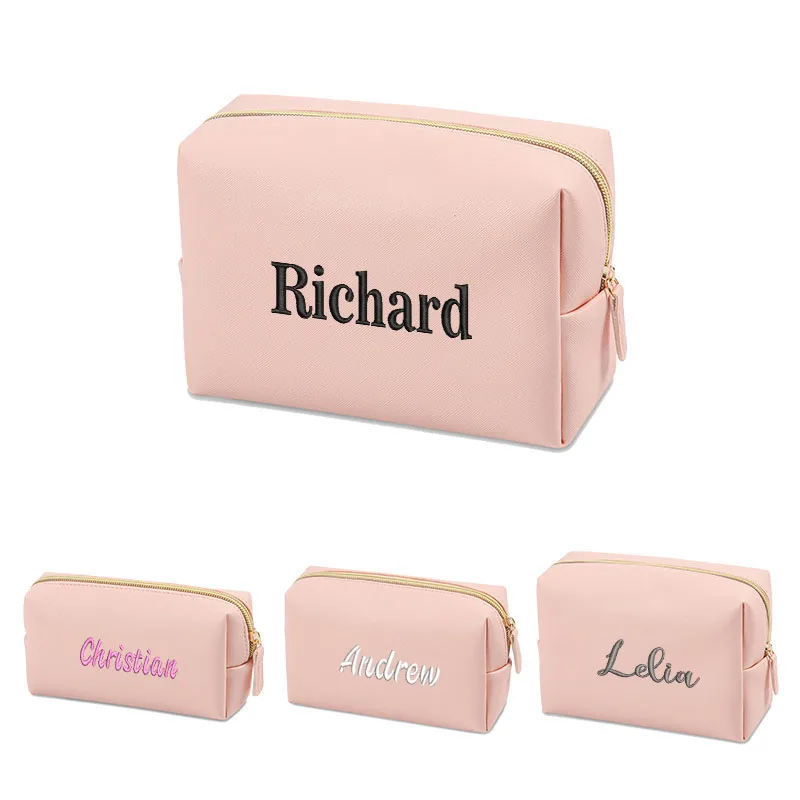 Personalized PU Square Makeup Bag Custom Embroidery Travel Portable Toiletry Bag Large Capacity Simple Waterproof Storage Bag