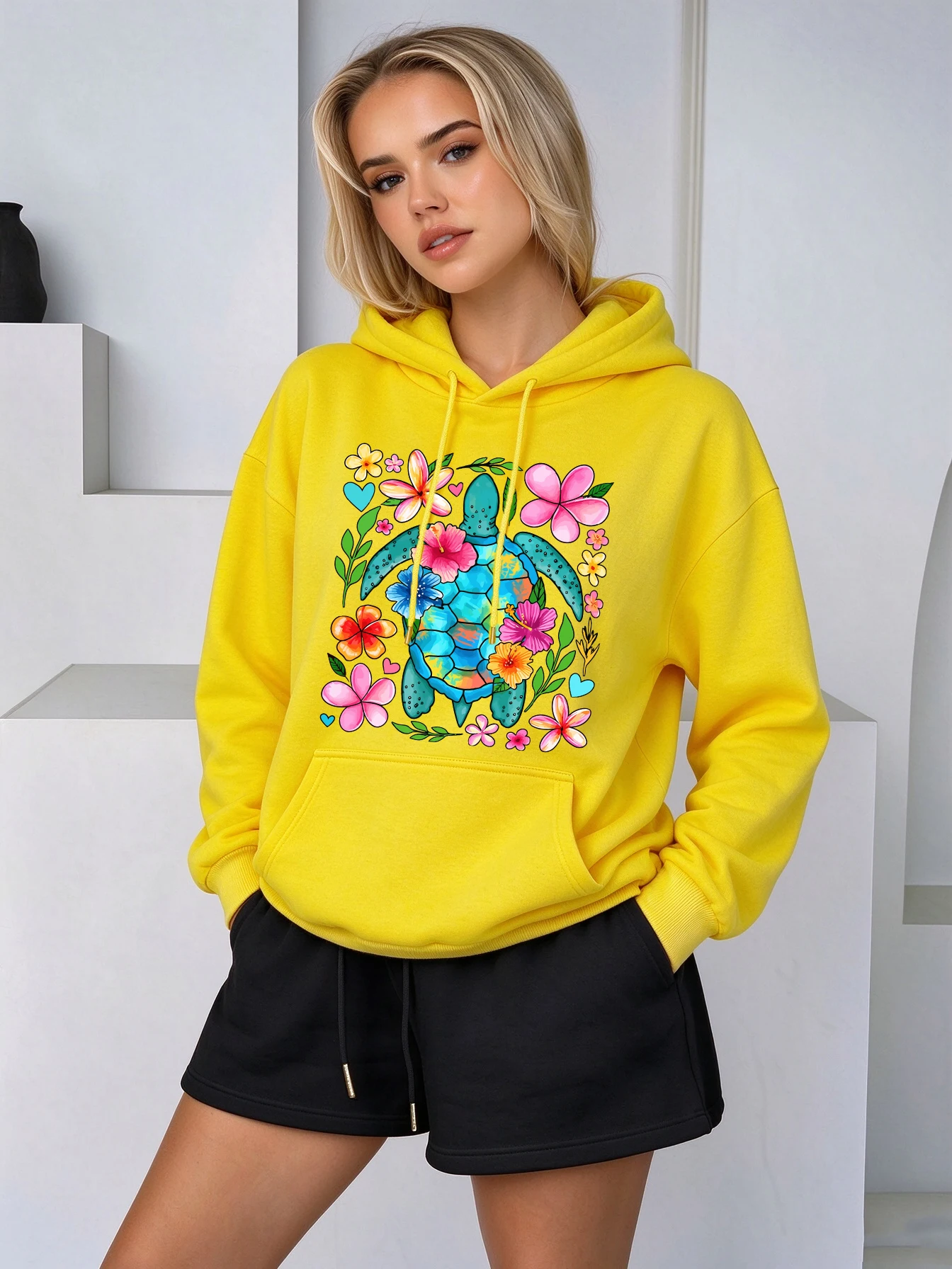 Heart Sea Turtle Tropical Hibiscus Flower Print Women Hoodie Autumn Loose Hoody Y2K Casual Streetwear Fleece Jogging Clothes