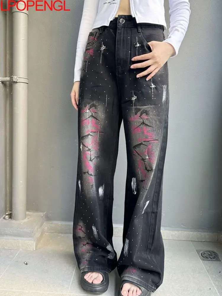Moda Primavera Impreso Casual Personalizado Hot Diamond Jeans Mujer Nuevos pantalones de pierna ancha rectos sueltos y versátiles de cintura alta